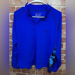 Coolibar Rash Guard quarter zip long sleeve blue with floral accent UPF 50+